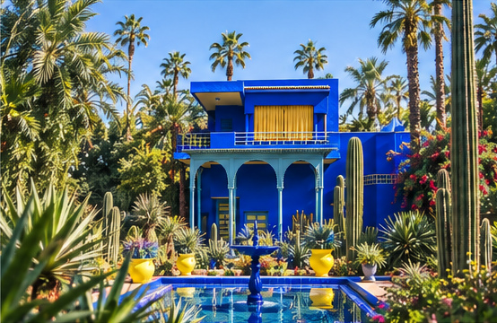 The cobalt villa and its arches behind a garden pool