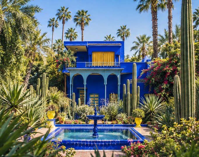 Palms, cacti and a cobalt building around a garden pool