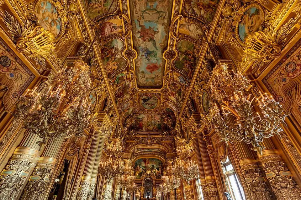 Painted ceilings, gilded walls and chandeliers in the Grand Foyer of Palais Garnier